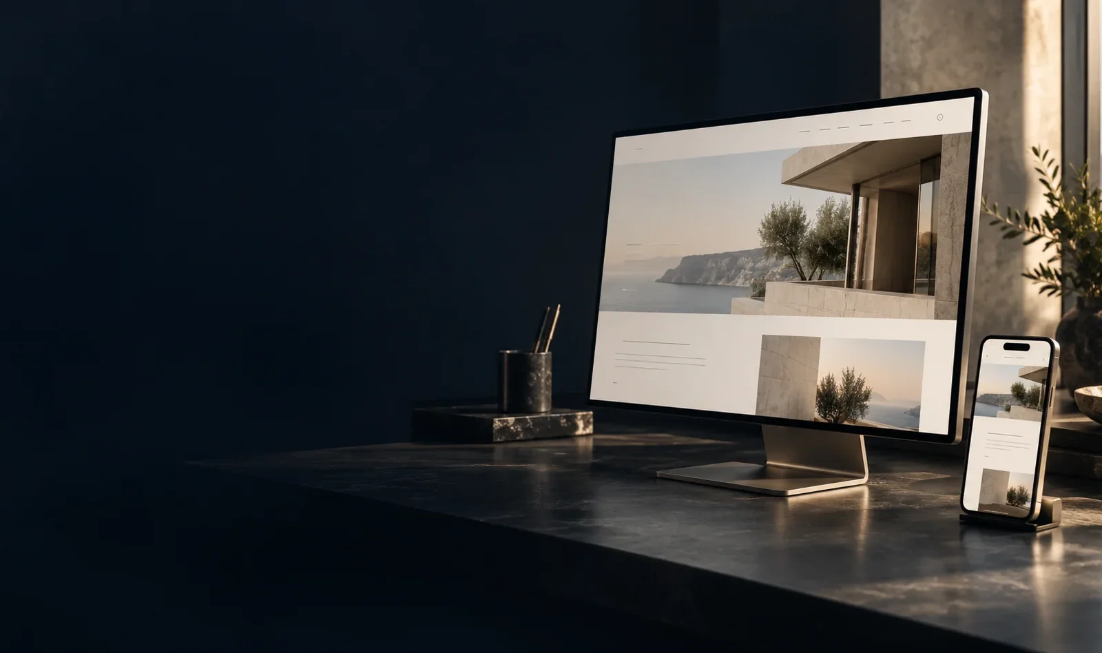 Estúdio digital com telas de site e aplicativo